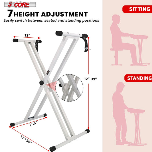 5Core Keyboard Stand Double X Style Adjustable Lift Piano Riser For 49 To 88 Keys WHITE-1